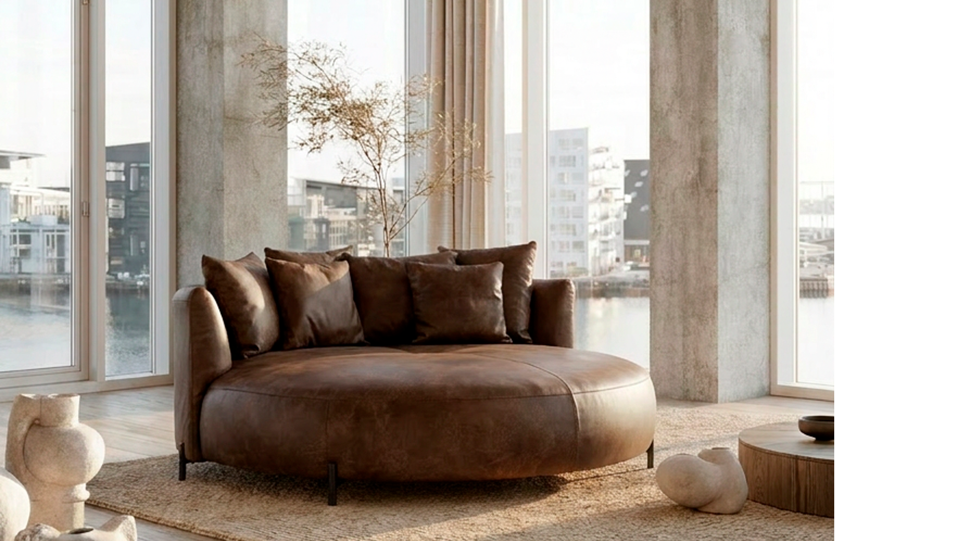 *Udstilingsmodel Lago 180cm i diameter. Højde 40/75 i farven africa eller cognac. Normalpris inkl alle 6 læderpuder kr. 29.980. Spar 6.000 nu 22.580, inkl. levering i Dk (brofast)