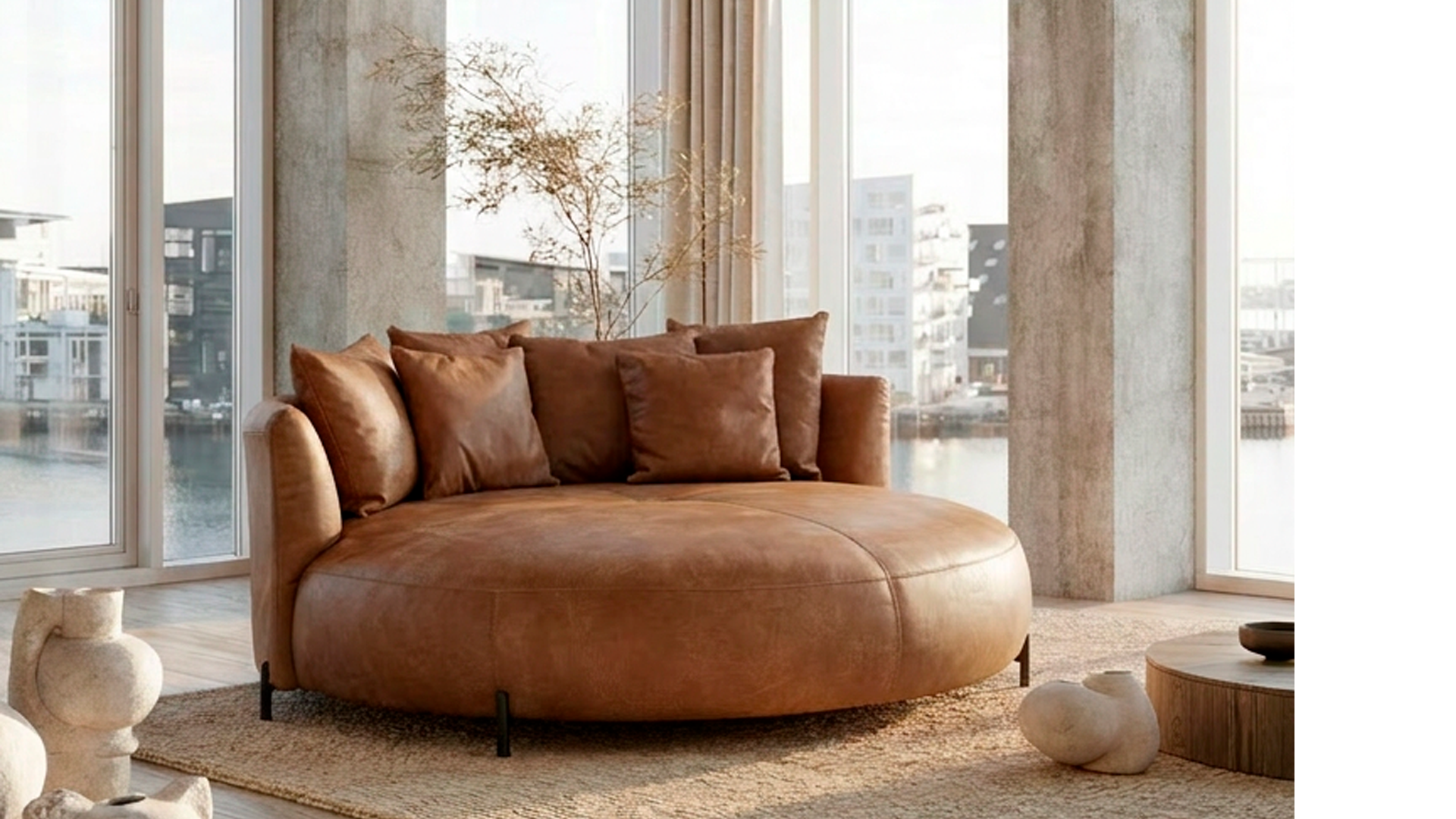 *Udstilingsmodel Lago 180cm i diameter. Højde 40/75 i farven africa eller cognac. Normalpris inkl alle 6 læderpuder kr. 29.980. Spar 6.000 nu 22.580, inkl. levering i Dk (brofast)